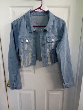 Light Blue Distressed Cropped Denim Jacket